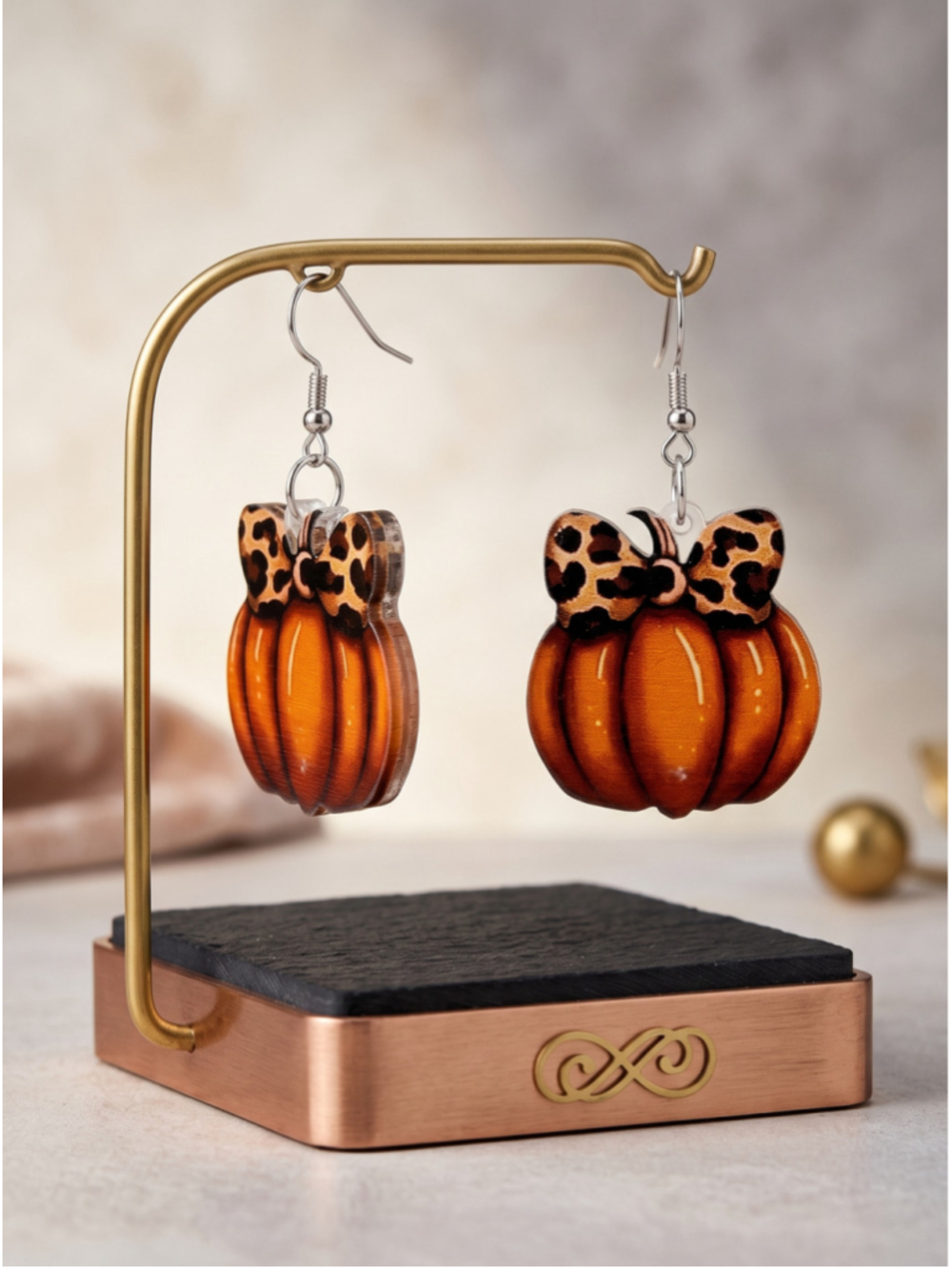 Pumpkin Earrings with Leopard Bow